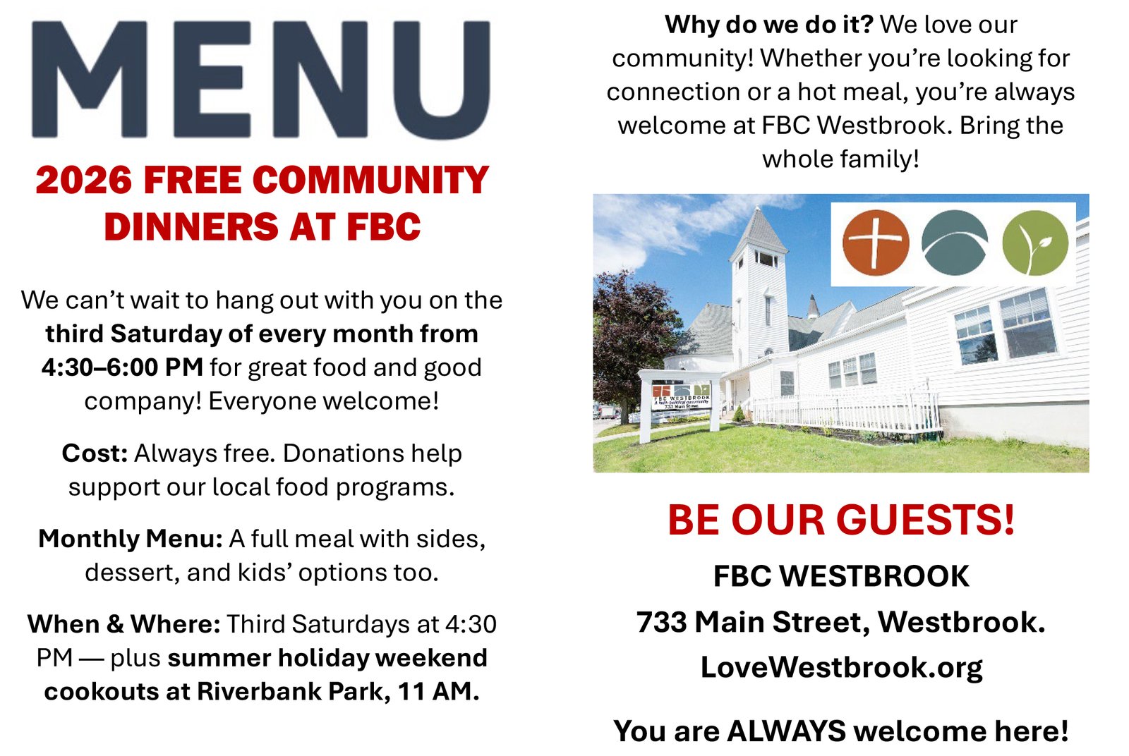Be our guests at our free community dinners
